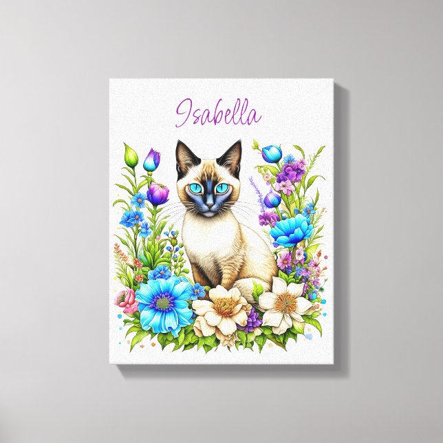 Ai Watercolor Siamese Cat in Flowers Personlig Canvastryck (Framsida)