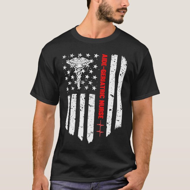 Aide Geripediatriska Nurse American Flagga RN Regi T Shirt (Framsida)