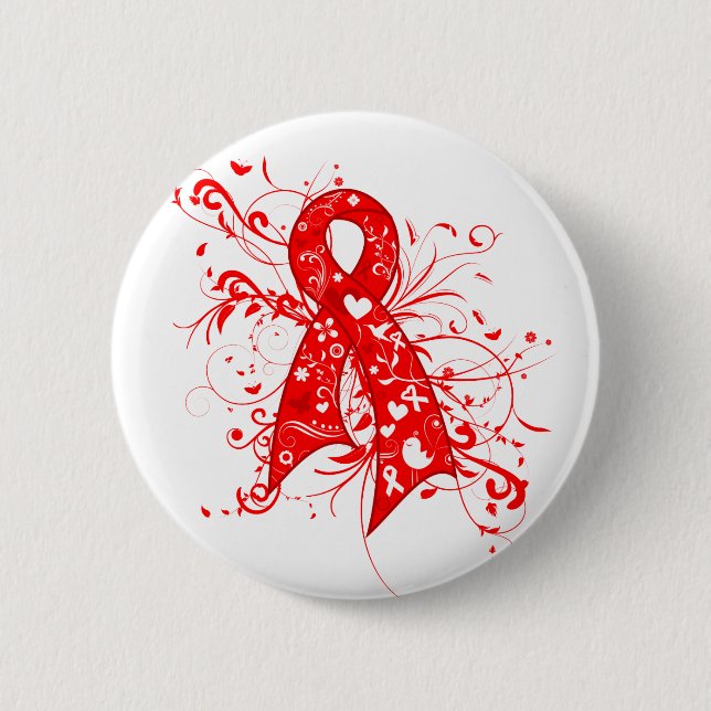 AIDS HIV Blommigt Swirls Ribbon Knapp (Framsida)