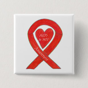AIDS och HIV- medvetenhet Hjärtat Ribbon Anpassad Knapp
