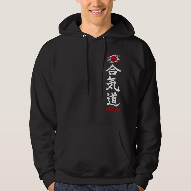 Aikido Kanji Dark Hoodie With Japanese Flag (Framsida)