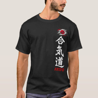 Aikido Kanji Mörk T-Shirt med japansk Flagga