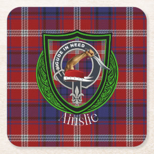 Ainslie Scottish Klan Tartan & Vapensköld Underlägg Papper Kvadrat