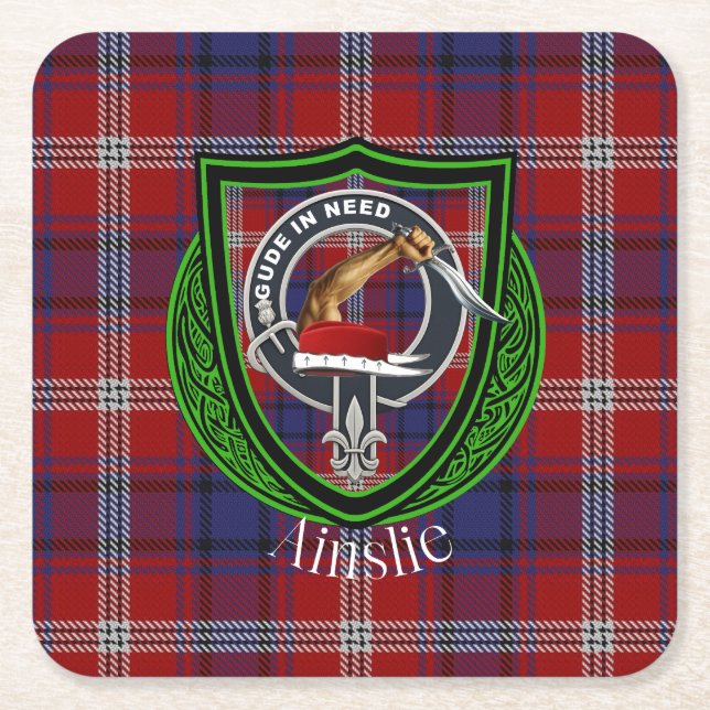 Ainslie Scottish Klan Tartan & Vapensköld Underlägg Papper Kvadrat (Framsidan)