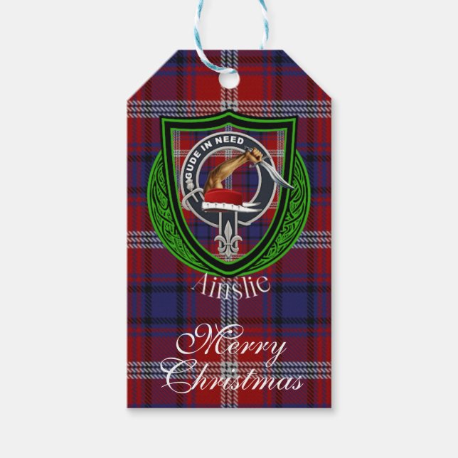 Ainslie skotska klan tartan och vapensköld presentetikett (Framsidan)