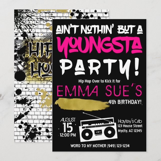 Aint Nothin' but a Youngsta Party Hip hop Birthday Inbjudningar (Fram/baksida)