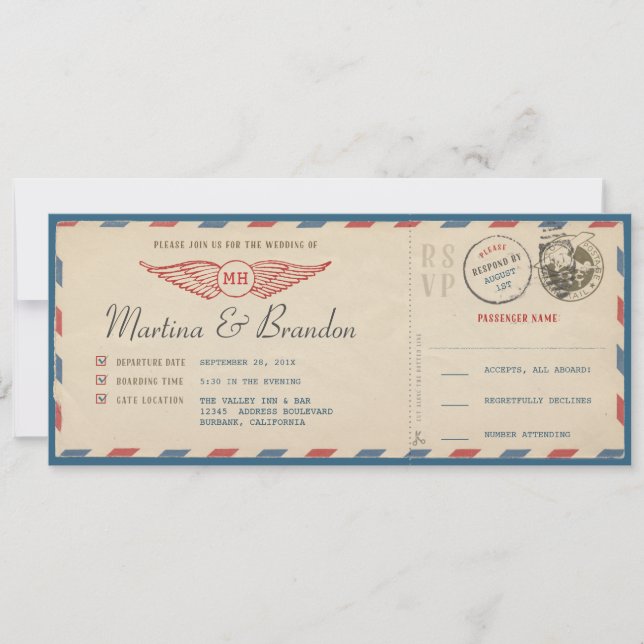 Air Mail Boarding Pass Bröllopsinbjudan Inbjudningar (Framsida)