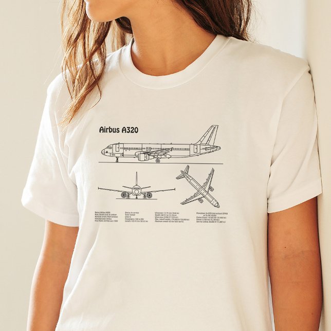 Airbus A320 - Flygplan Blueprint Teckning Plans BD T Shirt (Airbus A320 - Airplane Blueprint Drawing Plans BD. Women Basic White T-Shirt)