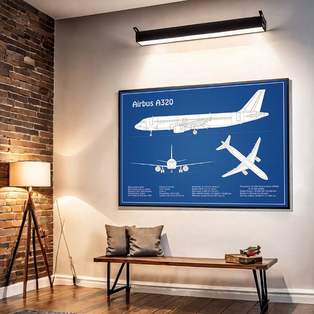 Airbus A320 - Flygplan Ritning Blueprint Ritningar Poster (Airbus A320 - Airplane Blueprint Drawing Plans ABD. Poster)