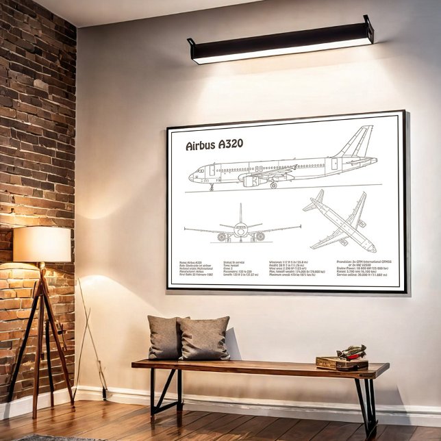 Airbus A320 - Flygplansritning Ritningar Planer BD Poster (Airbus A320 - Airplane Blueprint Drawing Plans BD. Poster)