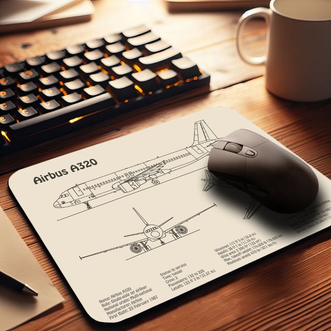 Airbus A320 - Planer för flygplansskiss Teckning S Musmatta (Airbus A320 - Airplane Blueprint Drawing Plans SD. Mouse Pad)