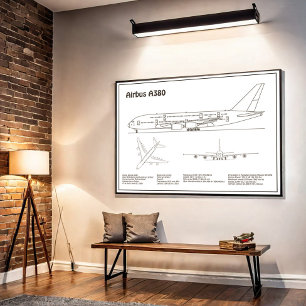 Airbus a380 - Flygplan Blueprint Teckning Plans BD Poster
