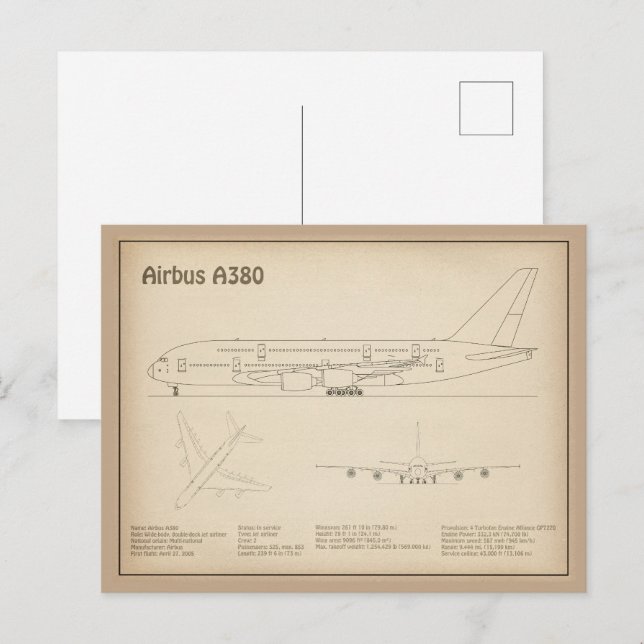 Airbus a380 - Flygplan Blueprint Teckning Plans SD Vykort (Fram/baksida)