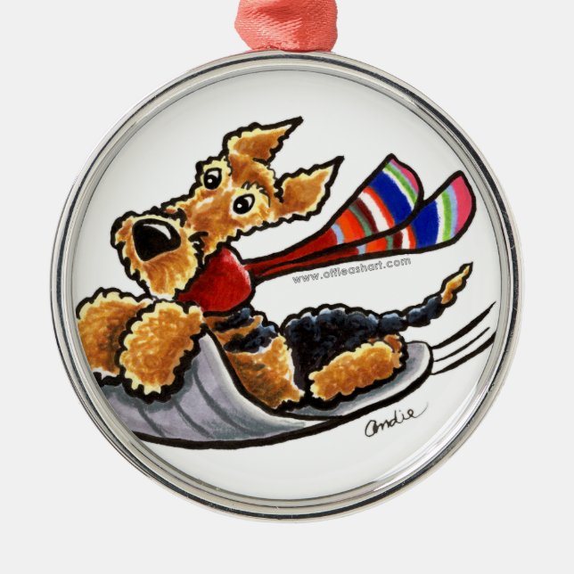 Aire-Sledding Airedale Terrier Julgransprydnad Metall (Framsidan)