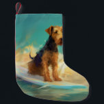 Airedale Beach Surfning Målning Liten Julstrumpa<br><div class="desc">Fördjupa dig i den lekfulla världen av hundäventyr med denna fängslande målning. En livlig hund ger sig ut på vågorna och rider skickligt på surfbord längs en solkuskad strand. Det livfulla konstverket fångar vackert essensen av den spännande strandleken när hunden orädd rider på vågorna och förkroppsligar andan av kul och...</div>