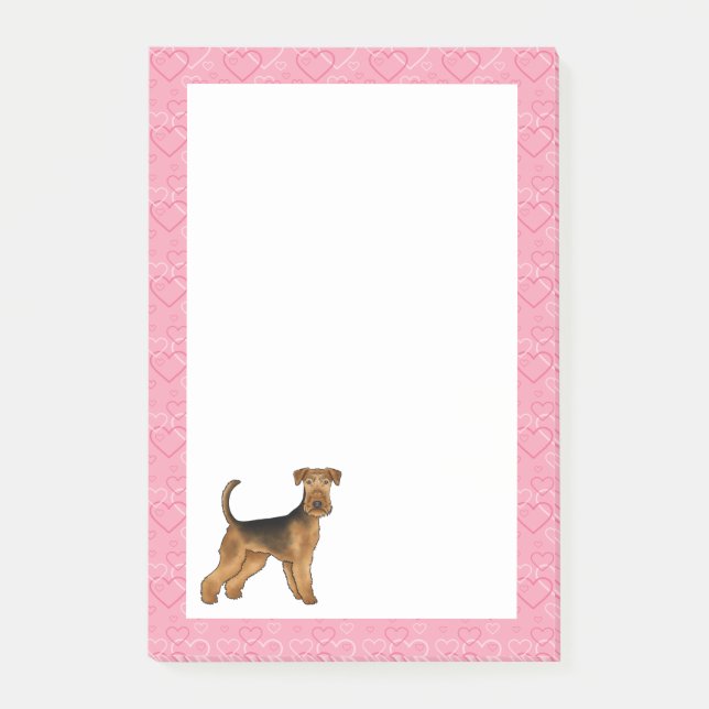 Airedale Bingley Terrier Hund Hjärtmönster Rosa Post-it Block (Framsida)