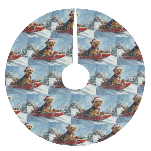 Airedale Hund i Släde Låt det Snöa Jul Julgransmatta Borstad Polyester (Framsidan)
