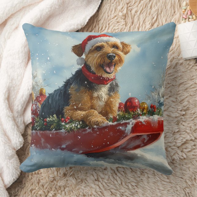 Airedale Hund i Släde Låt det Snöa Jul Kudde (Filt)