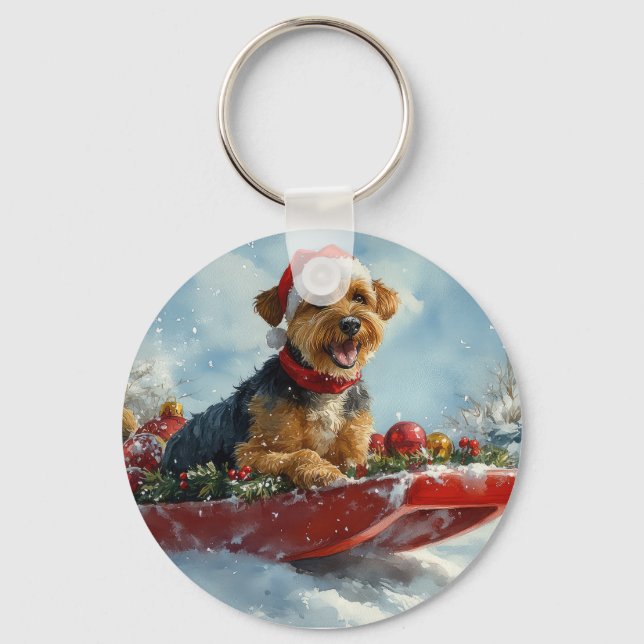 Airedale Hund i Släde Låt det Snöa Jul Nyckelring (Framsida)