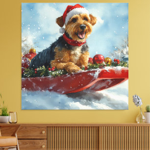 Airedale Hund i Sledge Låt det snöa jul Canvastryck