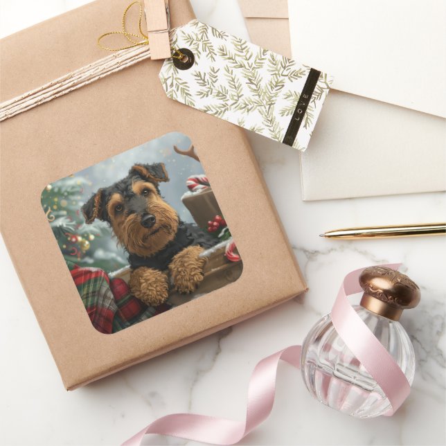 Airedale Hund Jul Festlig Fyrkantigt Klistermärke (Gifting)