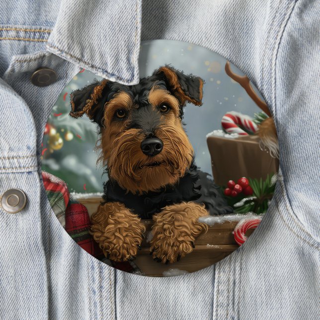 Airedale Hund Jul Festlig  Knapp (In Situ)