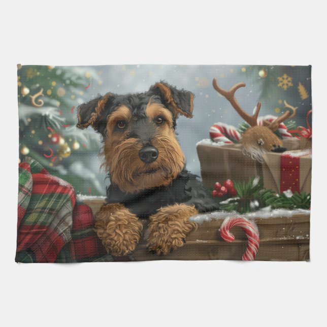 Airedale Hund Jul Festlig Kökshandduk (Horisontell)