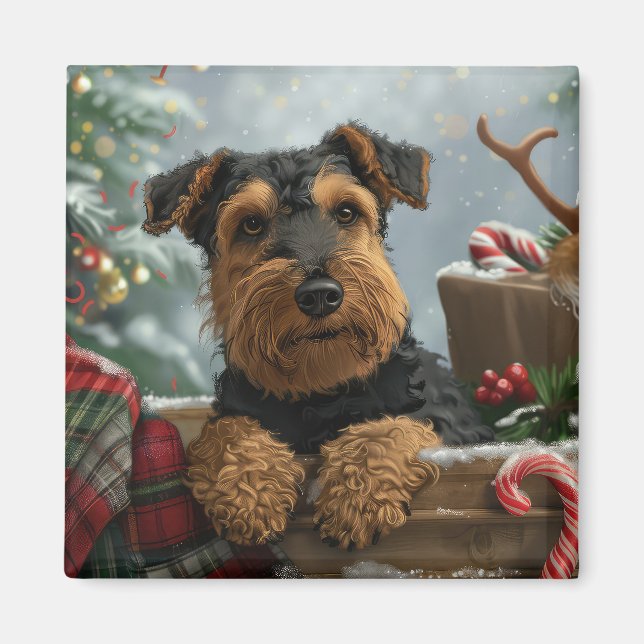 Airedale Hund Jul Festlig Magnet (Framsidan)