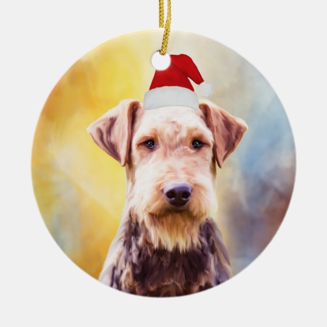 Airedale Hund jultomten Hat Art Porträtt Julgransprydnad Keramik (Framsidan)