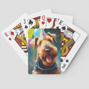 Airedale hund med födelsedagshatt och ballonger casinokort