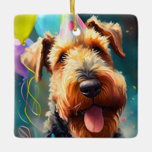 Airedale hund med födelsedagshatt och ballonger julgransprydnad keramik