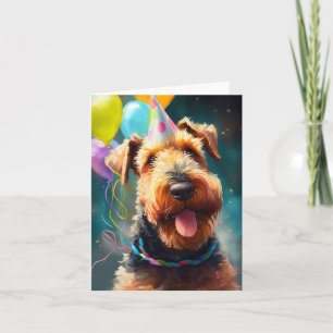 Airedale hund med födelsedagshatt och ballonger kort