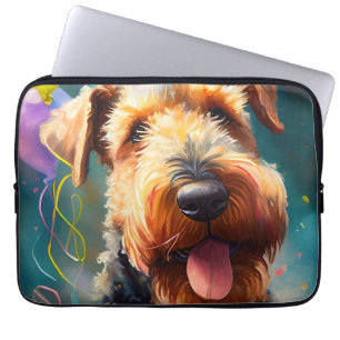 Airedale hund med födelsedagshatt och ballonger laptop fodral