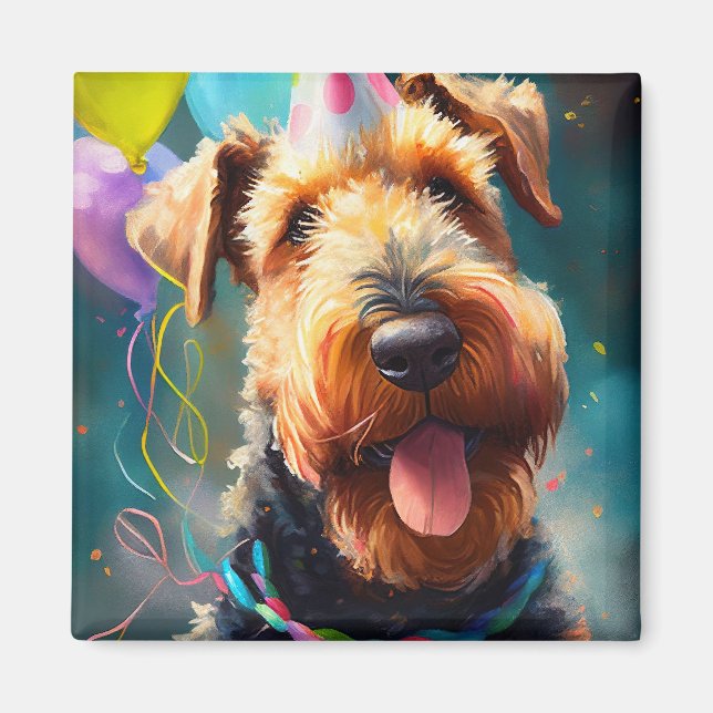 Airedale hund med födelsedagshatt och ballonger magnet (Framsidan)