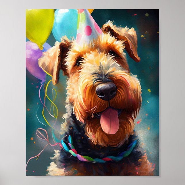 Airedale hund med födelsedagshatt och ballonger poster (Framsidan)