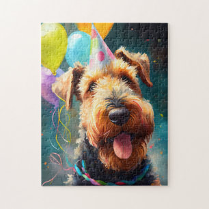 Airedale hund med födelsedagshatt och ballonger pussel