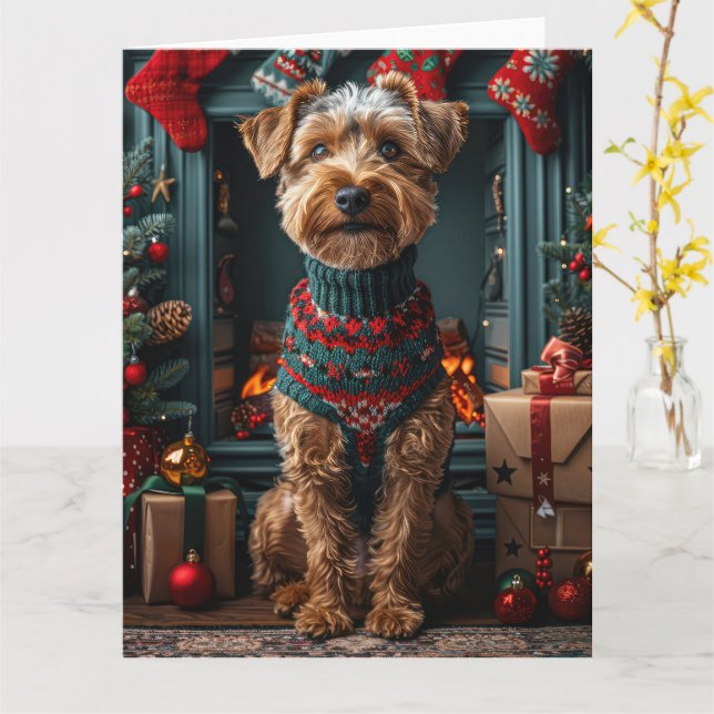 Airedale Hund med julklappar Kort (Gul blomma)