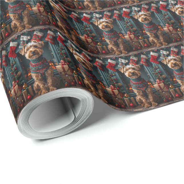 Airedale Hund Med Julpresenter Öppen Spis Presentpapper (Rulle Hörn)