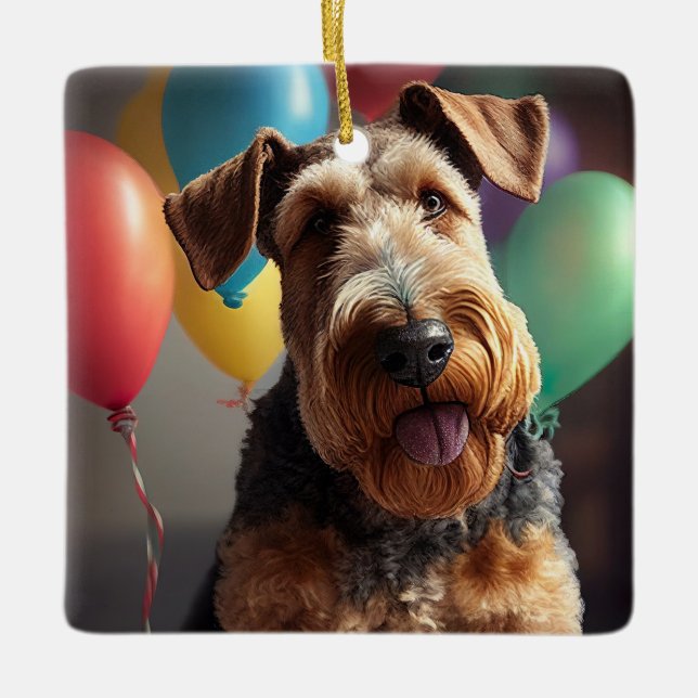 Airedale-hund med kakor och ballonger julgransprydnad keramik (Framsida)