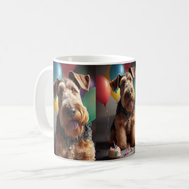 Airedale-hund med kakor och ballonger kaffemugg (Framsida vänster)
