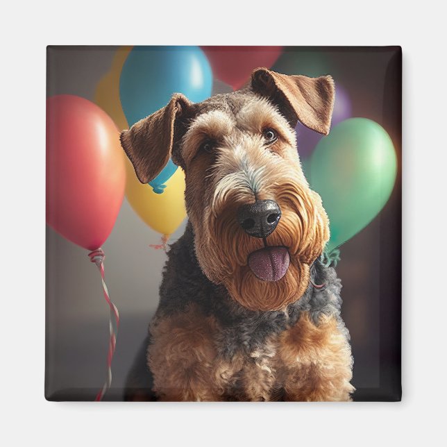 Airedale-hund med kakor och ballonger magnet (Framsidan)