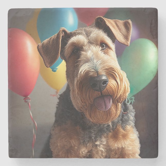 Airedale hund med tårta och ballonger stenunderlägg (Framsidan)