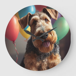 Airedale hund med tårta och ballonger stor klocka