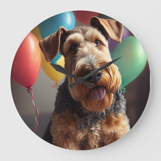 Airedale hund med tårta och ballonger stor klocka (Framsida)