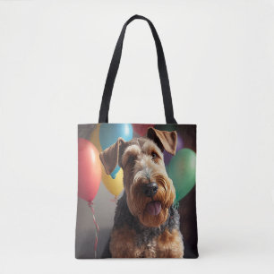 Airedale hund med tårta och ballonger tygkasse