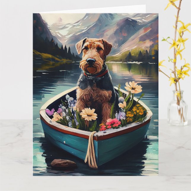 Airedale-Hund på Paddle: ett kritiskt Äventyr Kort (Gul blomma)