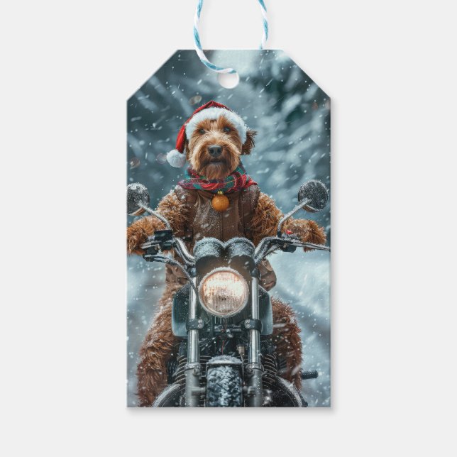 Airedale Hund Riding Motorcykel jul Presentetikett (Framsidan)