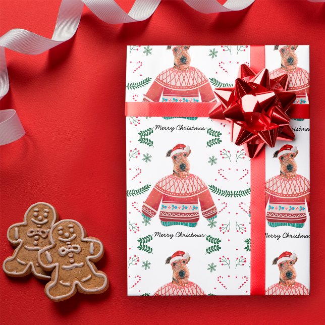 Airedale-hund som bär jultröja Festiv Presentpapper (Skapare uppladdad)