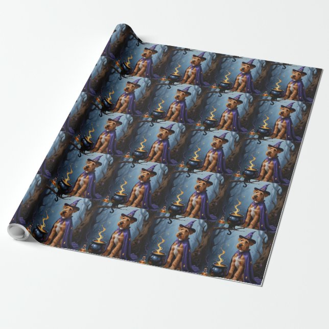 Airedale Hund Whimsical Halloween-målning Presentpapper (Utrullad)