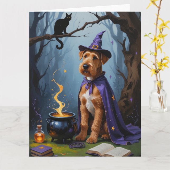 Airedale Hund Whimsical Halloween Painting Kort (Gul blomma)